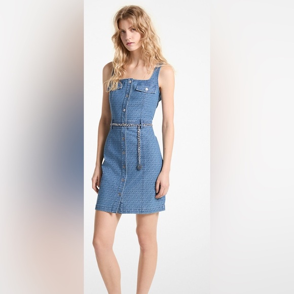 Michael Kors Logo Jacquard Stretch Denim Dress Blue Wash 2 Nwt $255 MISSING Belt - Picture 6 of 6